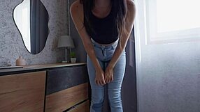 crying latina teen neighbor wets jeans panties in desperate real pee accident