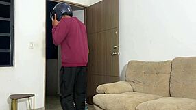 Busty Colombian housewife rides skinny delivery guy hard