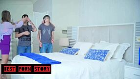 Horny stepmom blindfolds stepson for surprise group fuck with milf tits