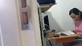 Stepdad interrupts work to cum on pink pajamas