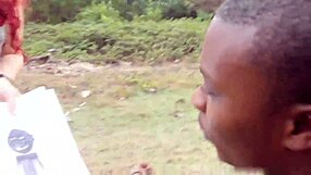 starving artist caricature fails as redhead milf gets fed huge black cock outdoors