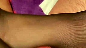 hubby gets footjob in black reinforced toe stockings