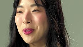 Korean babe Elle Lee fingers hairy pussy to full orgasm after podcast