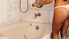 two cute busty lesbian teens tease wet pussy licking in shower