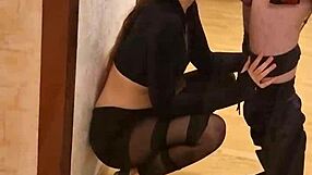 fit brunette gives slow deep blowjob perfect boobs then standing doggy pounding