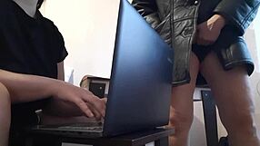 secretary fingers pussy riskily near oblivious office colleague