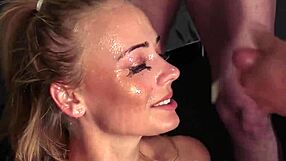 hey cutie, this flirty bimbo bombshell slurps cum swapping loads in wild bukkake blowbang!