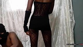 18yo skinny ebony teen slut vibrates wet tight pussy in fishnets before old cock pounds.