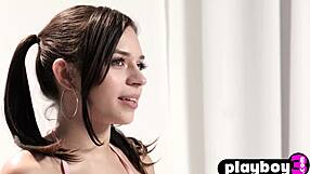 A petite brunette teen masturbates wildly after her sexy playboy interview