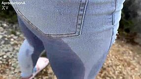 Pee Gulps Fill Mouth While Jeans Soak Twice Outdoor