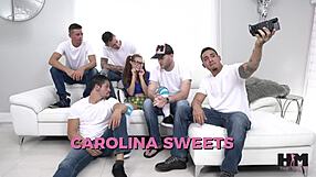 Carolina's first gangbang unleashes five cocks ravaging her tight cunt