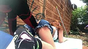 Fucking Her Tight Ass with a Pulsing Sex Toy Outdoors