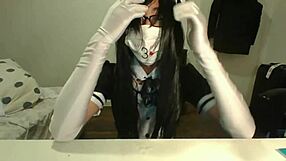 Asian sissy maid in stockings glasses cosplay eats facial cumshot every drop