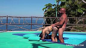 hey tattooed latina with big pussy lips fingers sloppy by pool then takes monster cock doggy