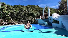 hey tattooed latina with big pussy lips fingers sloppy by pool then takes monster cock doggy