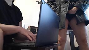 secretary fingers pussy riskily near oblivious office colleague