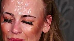 hey cutie, this flirty bimbo bombshell slurps cum swapping loads in wild bukkake blowbang!