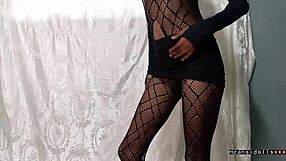 18yo skinny ebony teen slut vibrates wet tight pussy in fishnets before old cock pounds.