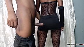 18yo skinny ebony teen slut vibrates wet tight pussy in fishnets before old cock pounds.