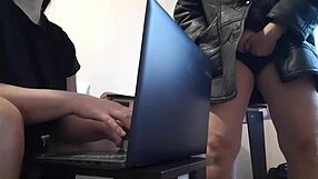 secretary fingers pussy riskily near oblivious office colleague