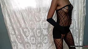 18yo skinny ebony teen slut vibrates wet tight pussy in fishnets before old cock pounds.
