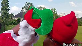 santa bends horny ebony teen mistress over at christmas party for doggystyle pounding