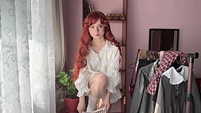 cute nerdy college bookworm strips lingerie in library cosplay