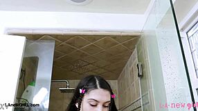 bold brunette queen steps into steamy shower after casting