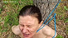 MOUTH FUCKED TIED TO TREE!! brunette screams in forest with MONSTER COCK down throat