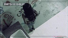 damn that hot brunette milf slurps cock then takes cumshot deep in toilet stall