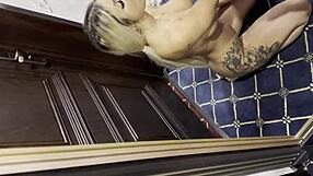 mia velvet kneels sucking husbands thick dick bedroom close up tanned curvy