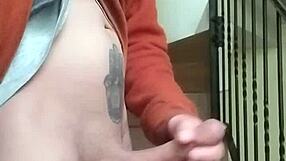 stroking my huge cock in apartment stands while neighbor chats garage below