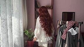 cute nerdy college bookworm strips lingerie in library cosplay