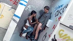 damn that hot brunette milf slurps cock then takes cumshot deep in toilet stall