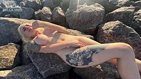 Curvy Blonde Exhibitionist Fingers Clit to Orgasm on Crowded Public Beach