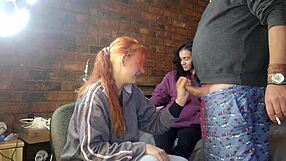 two shy petite girls stroke my monster cock till huge cumshot sprays