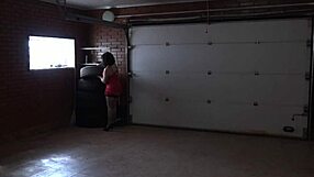 juicy ass brunette fucks her hairy pussy and anal deep with long dildo in husbands garage