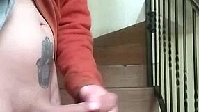 stroking my huge cock in apartment stands while neighbor chats garage below