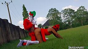 santa bends horny ebony teen mistress over at christmas party for doggystyle pounding
