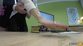 Loan4k. Sexy brunette hottie bends over doggystyle for cash after instrument interview.