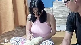 pretty latina stepdaughter gets comforted by stepdad's huge cock handjob and muff dive