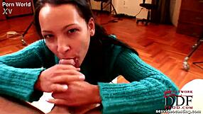 brunette with brown eyes and small tits sweetly sucks down meat pipe