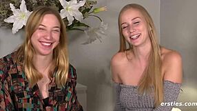 my blonde friend spreads wide as i finger her shaved lesbian pussy intimately