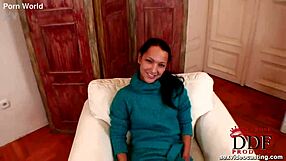 brunette with brown eyes and small tits sweetly sucks down meat pipe