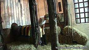 Lady Sonia Fingers Her Big Tits Teasingly While Spying at Stables Masturbating