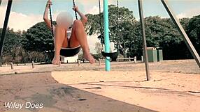wife on swing flashes shaved pussy no panties upskirt outdoor voyeur fun