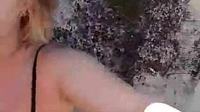😍 Mature blonde milf flashes huge natural tits big nipples and pussy lips on beach 👙🌊