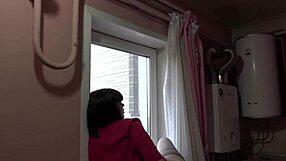 Brunette in stockings, fuck juicy ass with dildo on windowsill then finger pussy