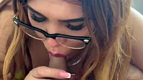 Latina beauty kneels closeup sucking amateur's cock with natural tits bouncing.