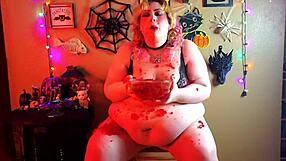 bbw vampire in glasses chows down on jello snack with huge sloppy ass
